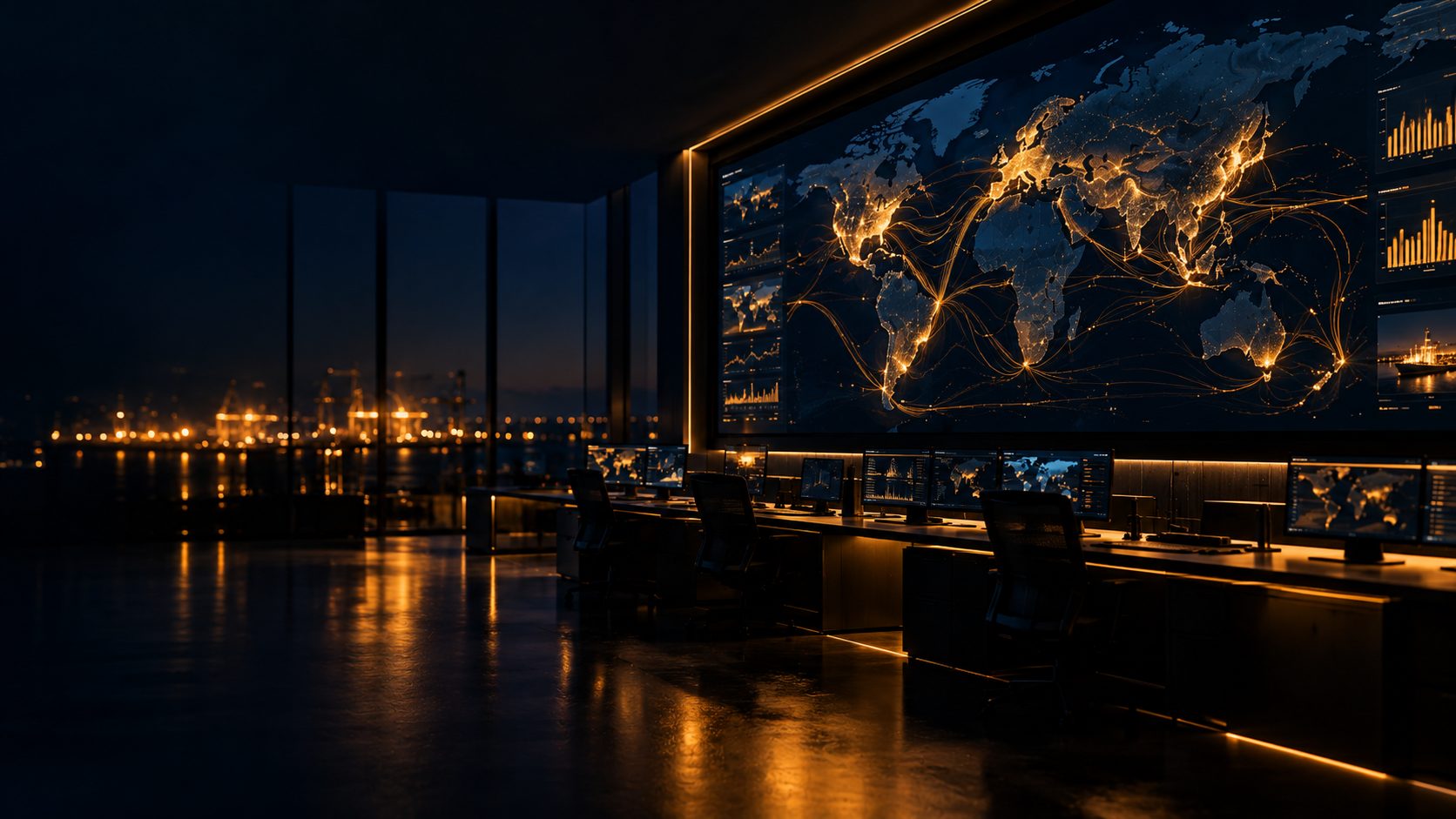 Salle d'opérations avec carte des routes logistiques mondiales